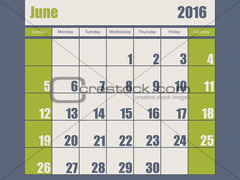 Blue green colored 2016 june calendar