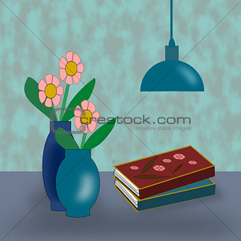 Vases with Flowers, Lamp and Books.