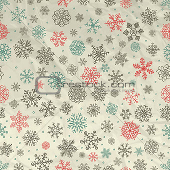 Winter Snow Flakes Seamless Background on Crumpled Paper
