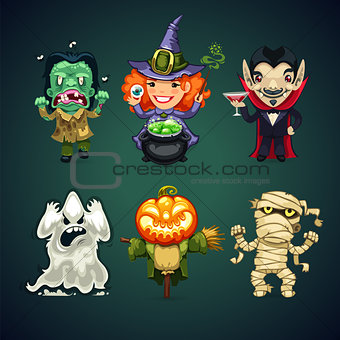 Set of Vector Cartoon Halloween Characters