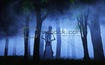 3D Halloween background of a skeleton in a foggy forest