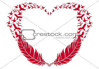 red heart with feathers and flying birds, vector