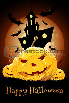 Halloween Party Card with Pumpkins and Haunted House