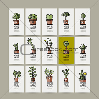 Business cards with cactus in pots, sketch for your design