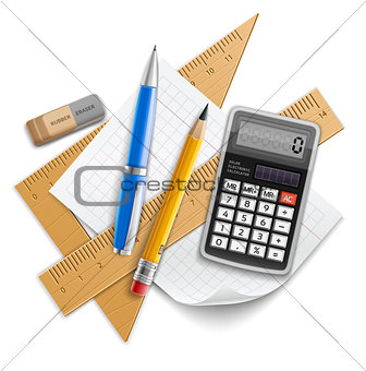 Tools set for education, pencil, pen, calculator, rulers and rubber