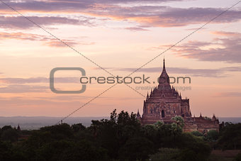 Scenic colorful sunset of ancient temple in Bagan