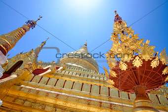 Detail view of golden Shwezigon pagoda in Bagan, Myanmar