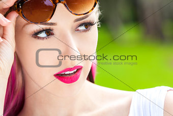 Woman Sunglasses Blond and Magenta Pink Hair