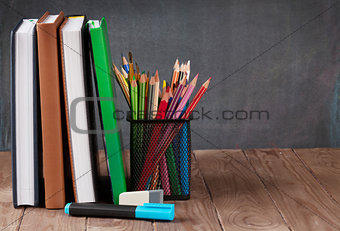 School and office supplies on table