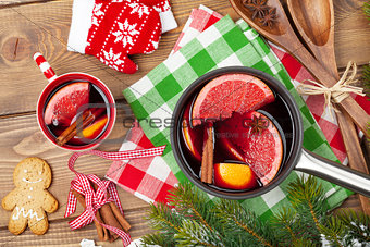 Christmas mulled wine on wooden table