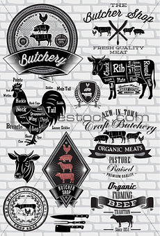set of labels for Butcher on brick wall