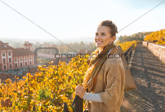 Portrait of relaxed elegant brunette woman in autumn park