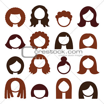 Brunette hair styles, wigs icons set - women