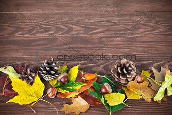Autumnal leaves with pinecone and acorn on wooden board