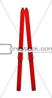 Old wooden alpine skis in red design