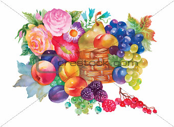 Colorful summer ripe fruits basket watercolor illustration
