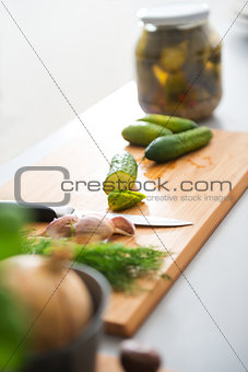 Closeup of fresh cucumbers, dill, garlic, onion and pickling jar