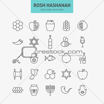 Line Jewish New Year Holiday Icons Big Set