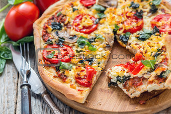 Pizza with mushrooms and cheese close up.