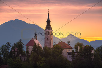 Church in Bled Lake, Slovenia at Sunrise