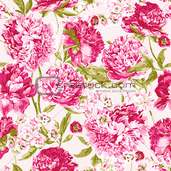 Seamless Pattern with Pink Peonies, Vector Illustration