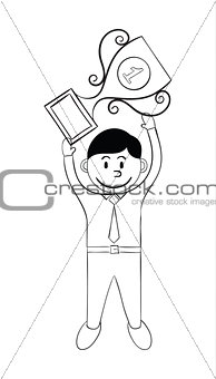 Successful businessman hold trophy. Hand draw style.