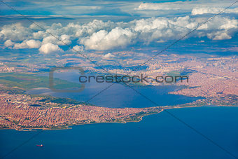 Aerial view of the city and sea, sunny day 