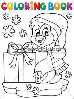 Coloring book penguin with gift