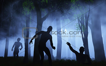 3D zombies in spooky foggy forest