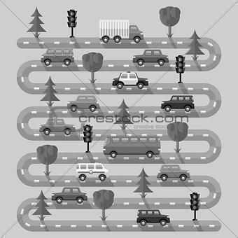 Highway with vehicles. Flat design