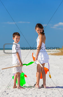 Children, Boy Girl Brother and Sister Playing on Beach