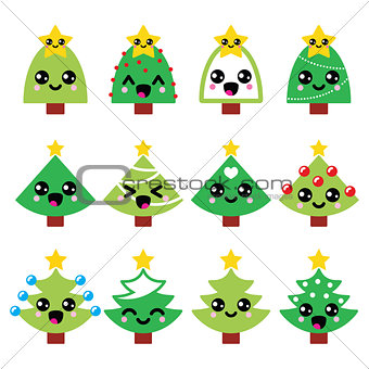 Cute Kawaii Christmas green tree with star vector icons set