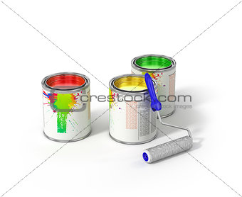 Group of can paints and roller brush.