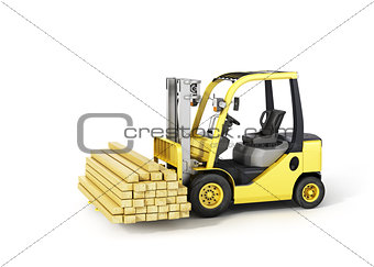 Forklift truck holding wood beams on the white background.
