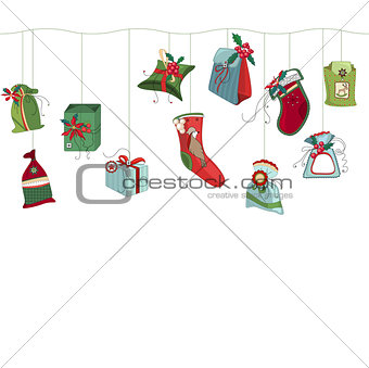 Seamless horizontal  pattern brush with  Christmas gift boxes on white. Simple colors.