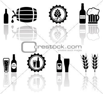 beer isolated objects set with mirror reflection silhouette