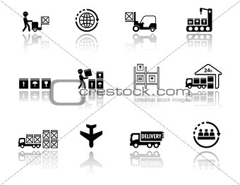 set logistic icons with mirror reflection silhouette