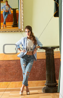 casual modern girl in ancient palace 