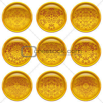 Set golden buttons with patterns