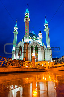 Night view of the Kul Sharif Mosque in Kazan Kremlin. One of the largest mosques in Russia. UNESCO World Heritage Site