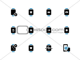 Smart watch with battery and settings duotone icons on white background.