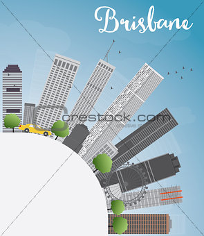 Brisbane skyline with grey building, blue sky and copy space