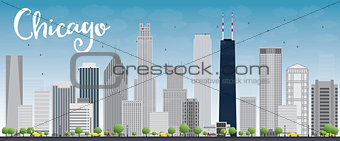Chicago city skyline with grey skyscrapers and blue sky