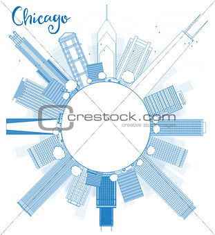 Outline Chicago city skyline with blue skyscrapers and copy spac