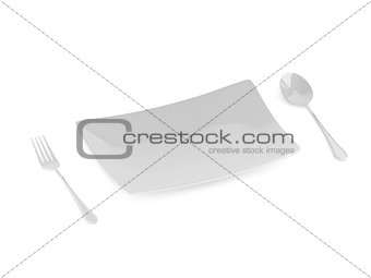 fork and spoon with white plate on white background
