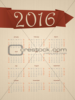 Fancy calendar with ribbon for year 2016