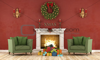 Retro christmas interior with fireplace