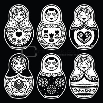 Matryoshka, Russian doll white icons set on black