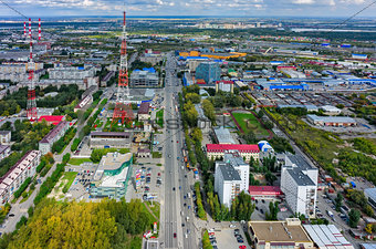 Cityscape with TV tower in Tyumen. Russia