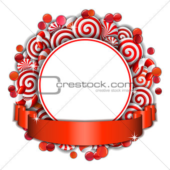 Frame with red and white  candies.